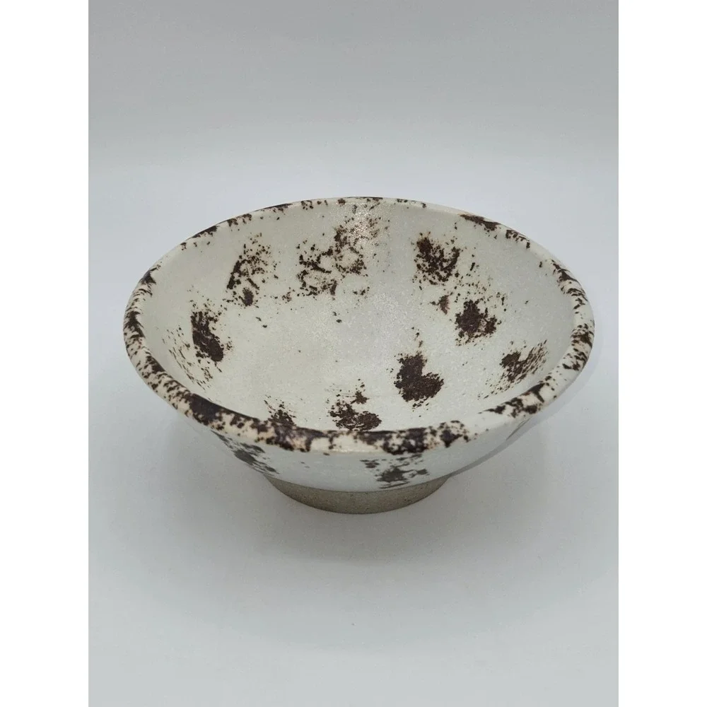 Vintage Studio Pottery Tea Bowl White Speckled Glaze Brown Splatter Signed Boots